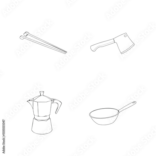 Outlined kitchen and cooking utensils including axe moka pot fry pan and chopsticks