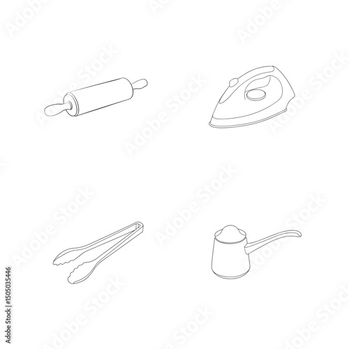Outlined culinary and household tools including rolling pin iron tongs and turkish coffee pot