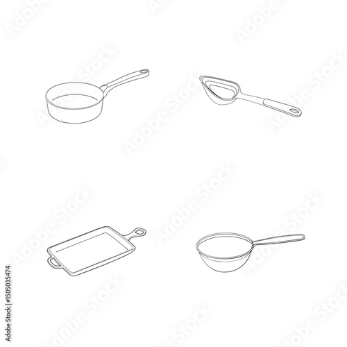 Outlined culinary utensils including pans, serving spoon, and grill pan against white background
