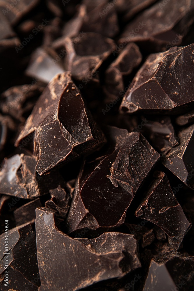 Close-up of rich dark chocolate chunks, highlighting their deep texture and luxurious appeal. Close-up of rich dark chocolate chunks, highlighting their deep texture and luxurious appeal.