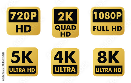 HD Video Resolution Logos: 720p, 2K, 1080p, 5K, 4K, 8K Vector Set.