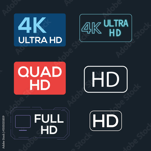 Display Resolution Badges: 4K, Ultra HD, Quad HD, Full HD Vector Set. photo