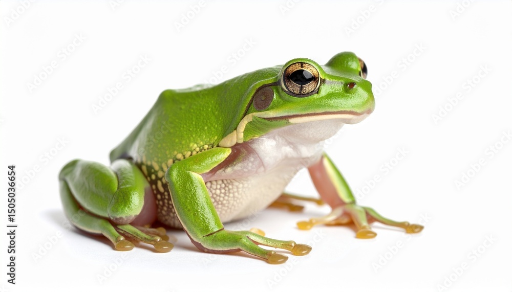 Obraz premium A Vibrant Green Frog Sitting Alone With Visible White Belly And Bright Yellow Legs