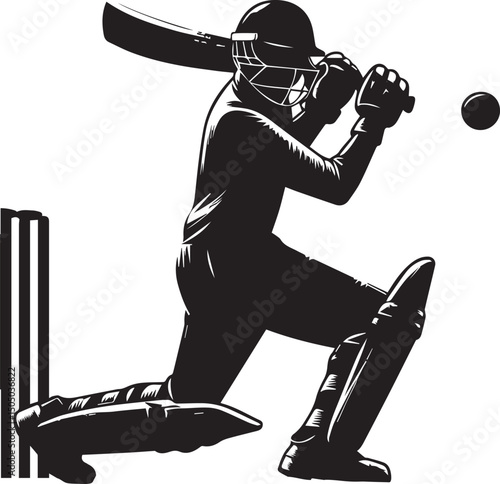 Cricket Batsman Silhouette Vector in Action Pose – Black and White Sports Art