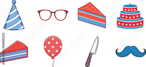 Colorful set of patriotic elements including party hat cake balloon mustache and glasses for the 4th of july celebration