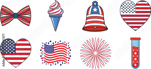 Patriotic american themed set of vector elements featuring various symbols for fourth of july celebrations and designs