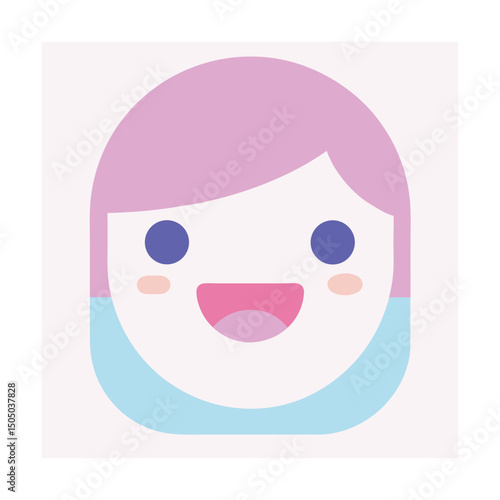Cute smiling cartoon face illustration with pink hair and blue accents on a light pink background