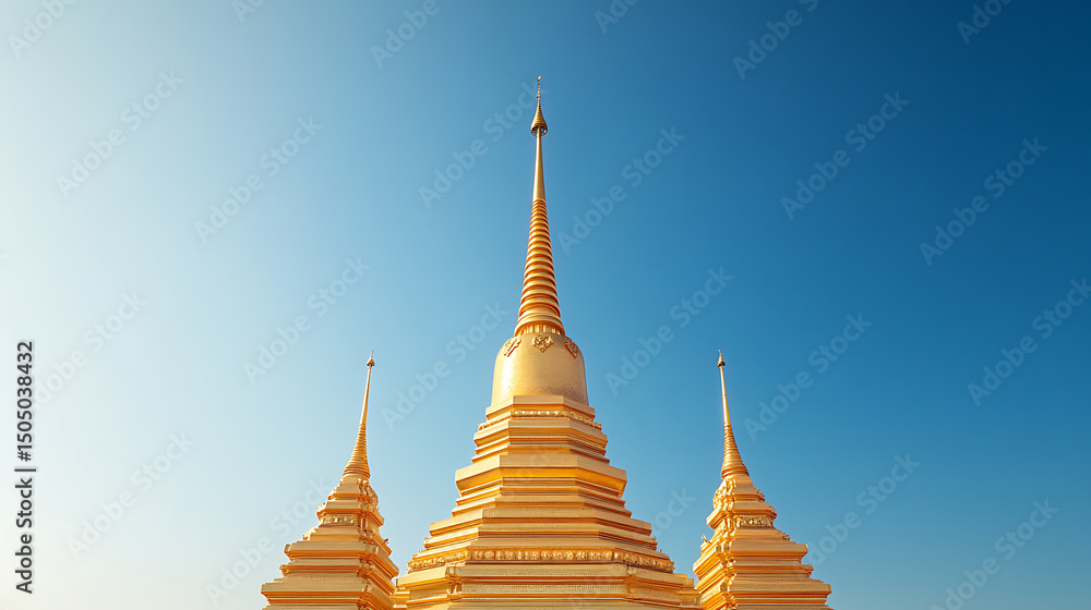 Fototapeta premium Golden pagodas rise against a clear sky, symbols of serenity and devotion. The intricate design showcases architectural artistry. A place for spiritual reflection.