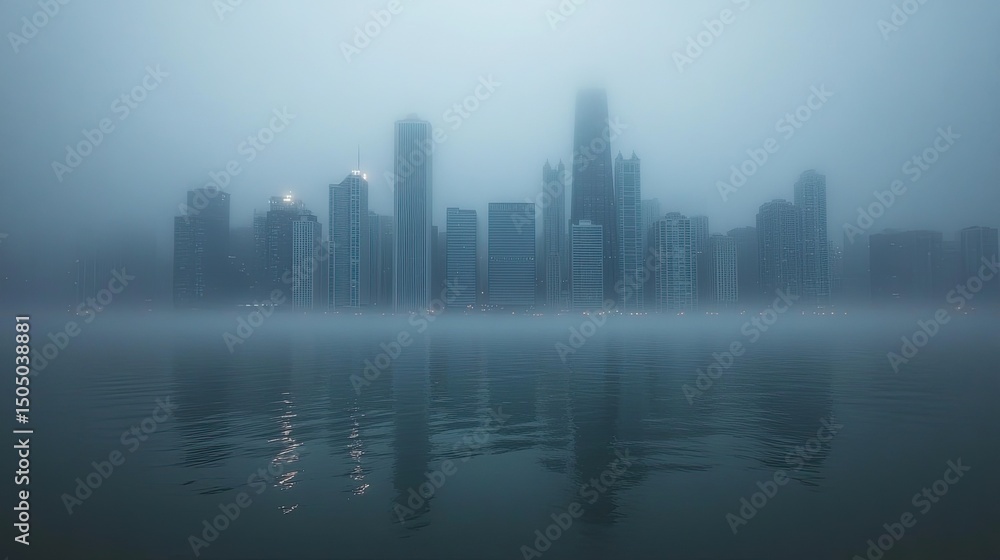 City skyline obscured by dense fog reflected in the water creating a mysterious atmosphere view City skyline obscured by dense fog reflected in the water creating a mysterious atmosphere view
