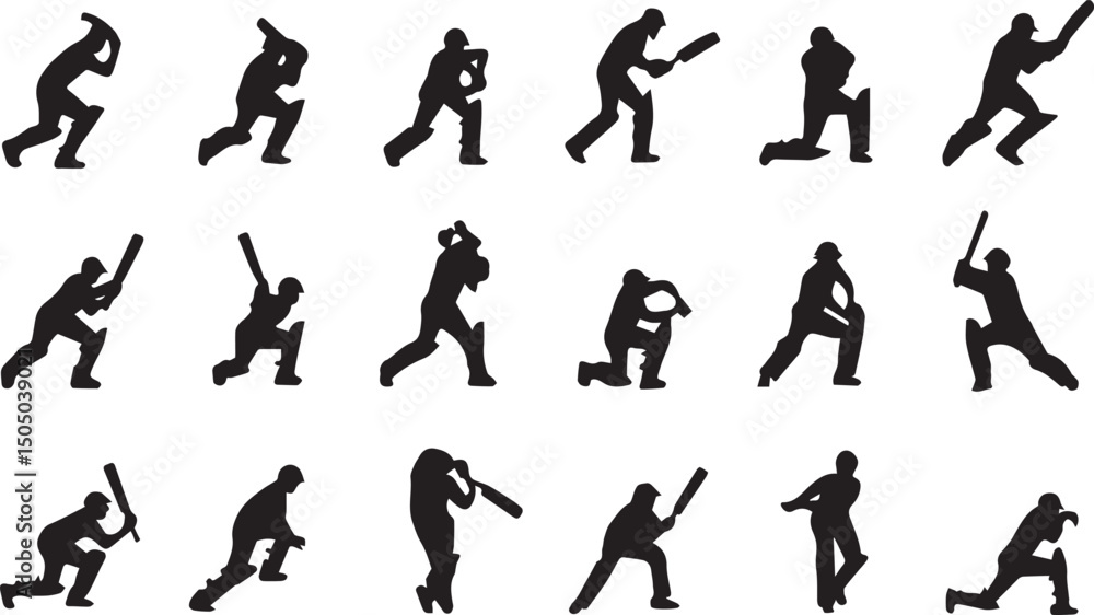 Naklejka premium Cricket Players Silhouette icon set, Cricket player silhouettes Collection, Set of cricket players silhouette