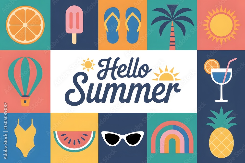 Naklejka premium Hello Summer Icons Collection Orange Slice, Popsicle, Flip Flops, Coconut Tree, Sun