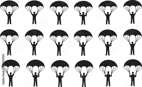 Parachute, skydiver silhouette icon set