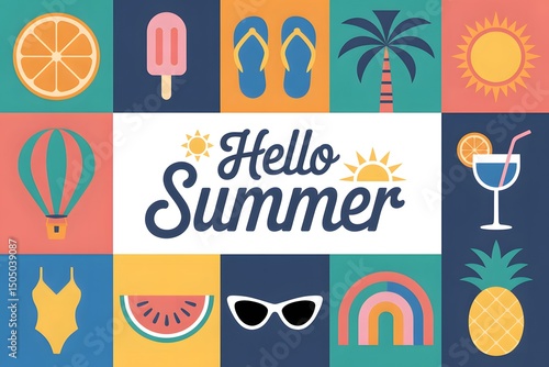 Hello Summer Icons Collection Orange Slice, Popsicle, Flip Flops, Coconut Tree, Sun