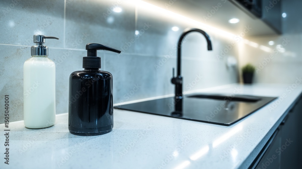 Clean kitchen countertop with electric cooker and detergent bottle, minimalist modern cooking space
Clean kitchen countertop with electric cooker and detergent bottle, minimalist modern cooking space