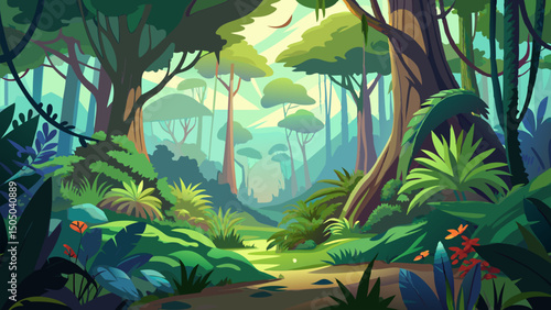 Serene Jungle Landscape. A Tranquil Path Through Lush Greenery