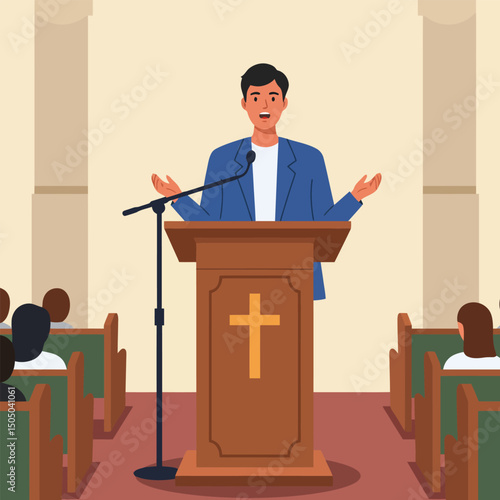 Man Giving Speech From Pulpit in Church with Congregation Listening