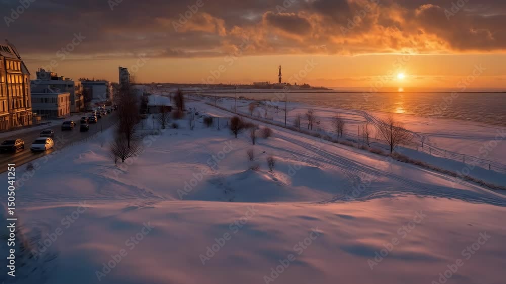 Panoramic view of a coastal landscape with buildings, road, snow-covered terrain, bare trees, and a bright sunset over the water. Panoramic view of a coastal landscape with buildings, road, snow-covered terrain, bare trees, and a bright sunset over the water.