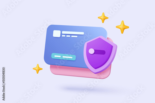 3D shield protection icon with credit card for online payment on white background concept, user account for 3d security with payment protection for e commerce on isolated vector render background