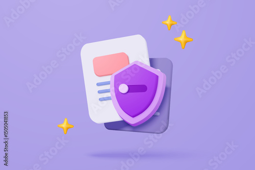 3D media data with video and photo gallery library with shield protection icon. Security image and video files in database. Document management form. 3d file icon vector render illustration