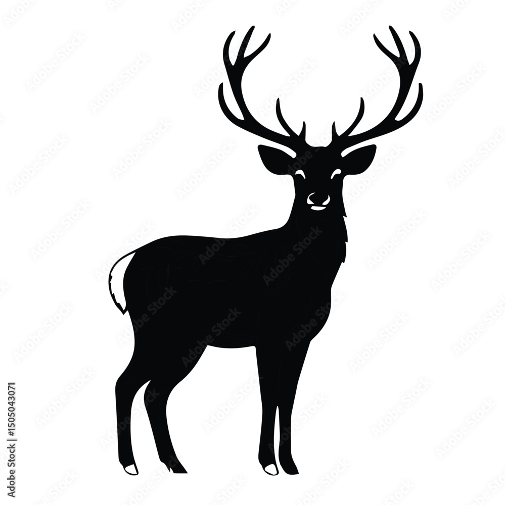 Fototapeta premium Black and white silhouette of a deer standing in profile view. Silhouette of a deer in a neutral setting.