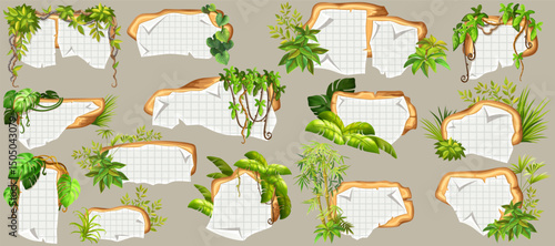 Game panels in jungle with liana branches and leaves, ivy. Set isolated wooden elements with old paper, with ragged square graph paper, school math sheet. Vector signboards with school page.