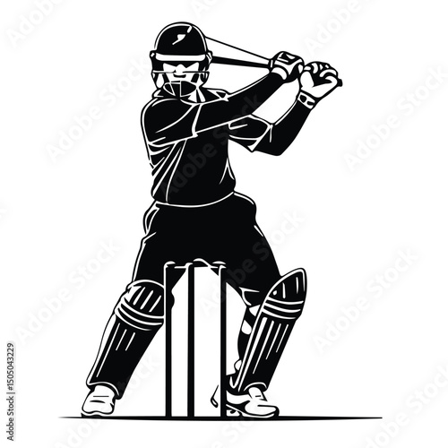 Cricket player in protective gear striking a ball in a professional cricket match. Young male cricketer in action with cricket wicket in background.