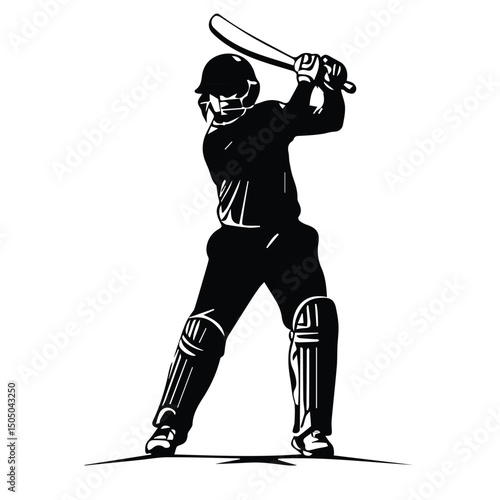 Male cricket player in protective gear, batting stance on a cricket field. Silhouette of a professional cricketer in action during a match. Cricket stadium.