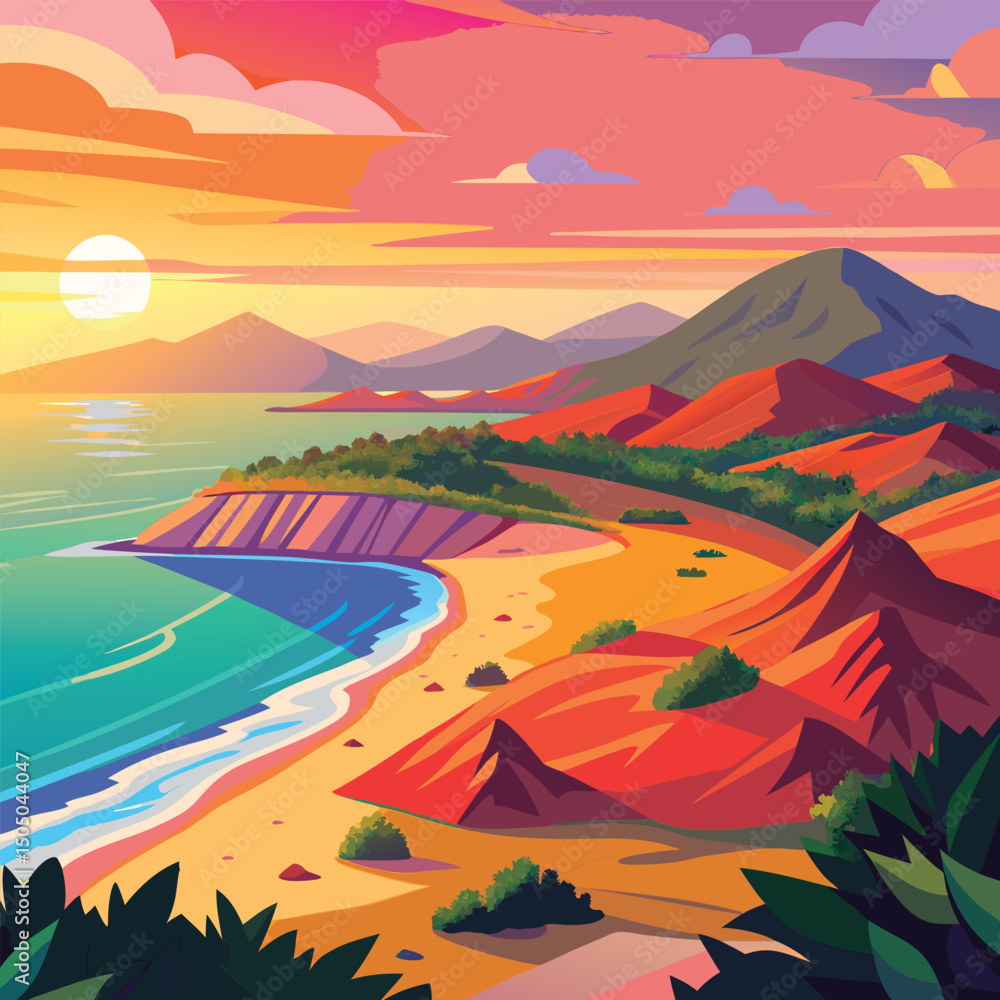 Fototapeta premium Colorful sunset beach landscape with dunes.