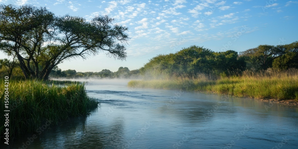 Obraz premium A tranquil river disappearing into the mist, creating a surreal and peaceful scene