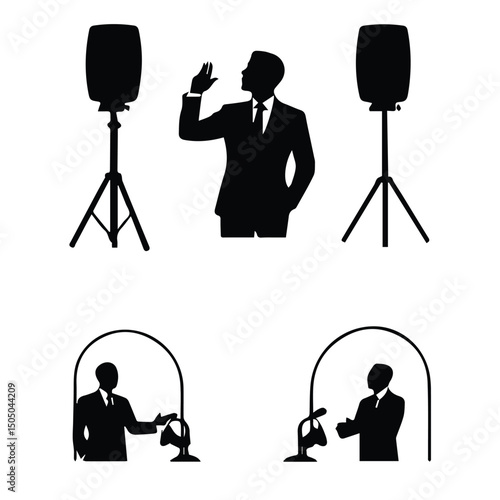 Businessman giving a presentation with sound equipment in a conference room. Silhouette of a speaker in formal wear with audio equipment and backdrop.