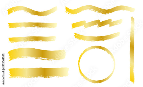 手書きの筆のストロークセット - 直線、波線、装飾的なボーダー。粗いエッジと凹凸のある質感の手描きの区切り線デザイン要素。グランジスケッチ風の横線。金