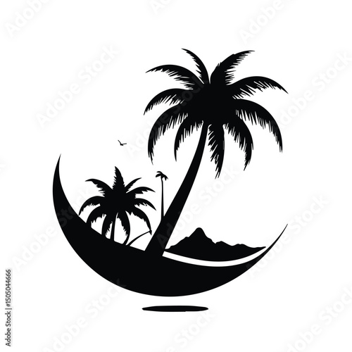 Tropical island paradise silhouette in a crescent shape. Silhouetted palm trees and landscape with mountains in a floating crescent shape. Vacation destination design -