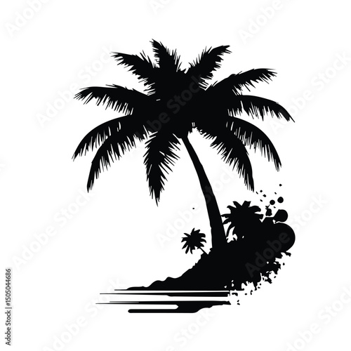 Tropical island silhouette with palm trees in a graphic design. Simple black and white silhouette of a tropical island scene. Design element + no specific role. General use.