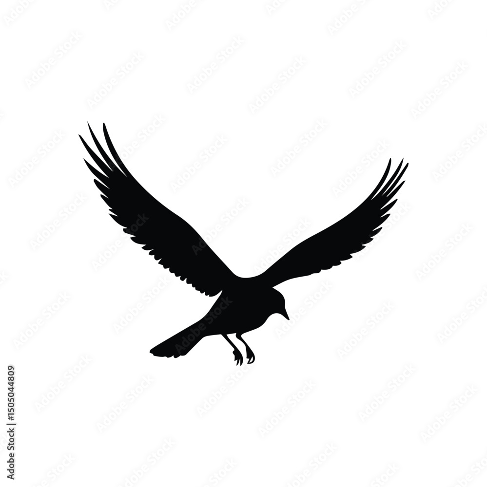 Obraz premium Bird silhouette in flight against a plain background. Bird in mid-air with outstretched wings, showcasing a dynamic, natural form.