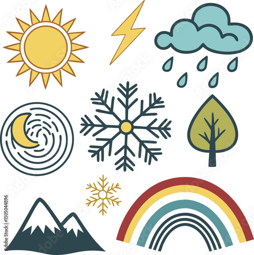 weather icons sun rain snow rainbow lightning tree
