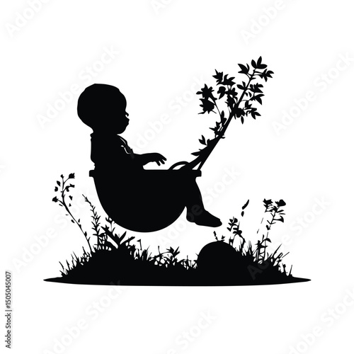 Silhouette of a child sitting on a swing set in a grassy area. Relaxed pose of a child on a swing set amidst natural elements. Child enjoying leisure time in a park -