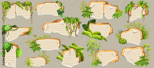 Game panels in jungle with liana branches and leaves, ivy. Set isolated wooden elements with old paper, with school page in line, ragged graph paper. Vector signboards with school page.