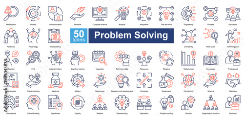 Problem solving icon set in dual tone style, featuring 50 icons on analysis, strategies, communication, and innovation. Great for business and educational use.	
