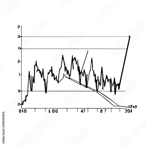 Black and white chart showing fluctuating data points with rising and falling trend lines. Graphical representation of market trends.