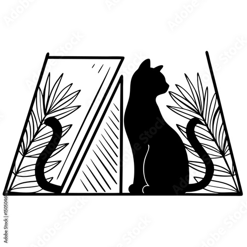 A striking black silhouette of a feline hunter, an animal cat ready to pounce on a mouse, embodies a symbol of wild instinct and pet cunning in this vector illustration