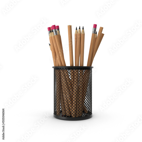 Colorful Pencils and Pens in Black Mesh Holder Isolated on Transparent Background