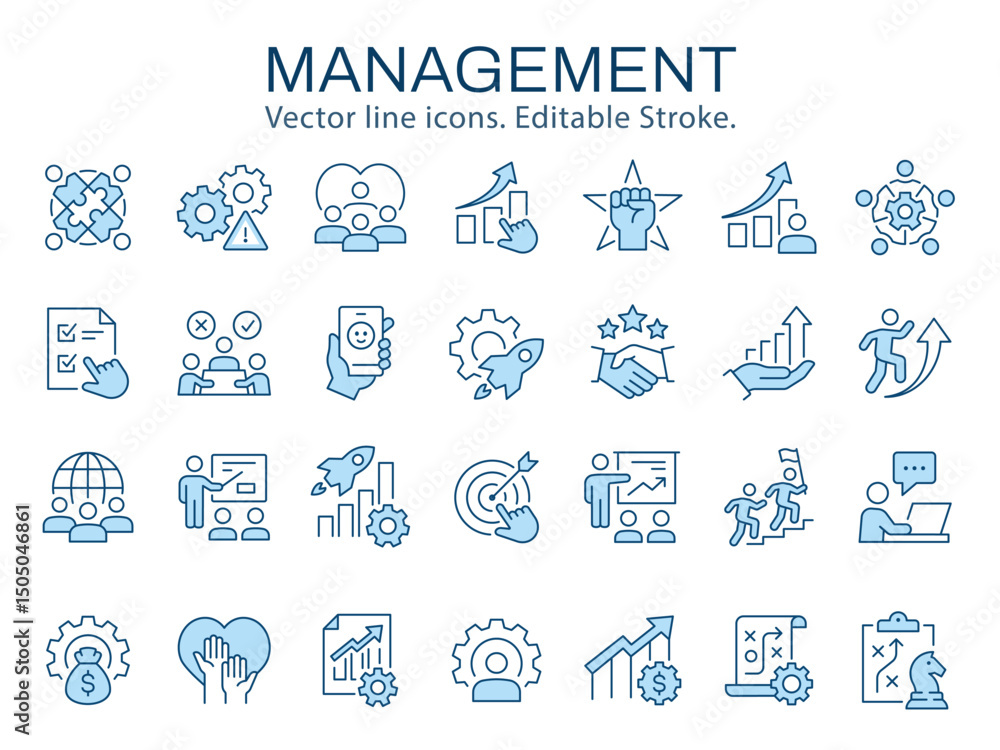 Management icons, such as planning, strategy, success, business and more. Vector illustration isolated on white. Editable stroke. Change to any size and any color. Management icons, such as planning, strategy, success, business and more. Vector illustration isolated on white. Editable stroke. Change to any size and any color.