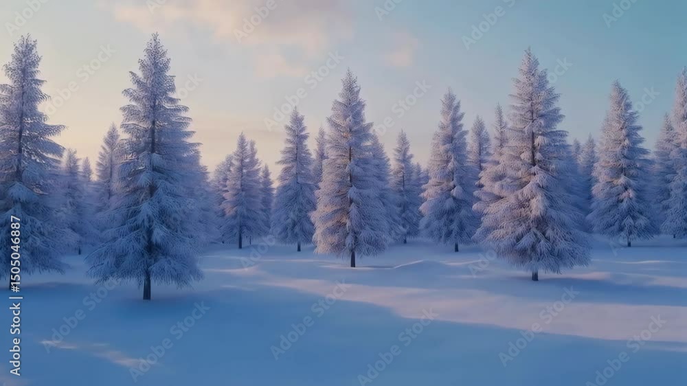 Enchanting winter wonderland with snow covered fir trees and long shadows casting across the smooth, pristine white ground below. Enchanting winter wonderland with snow covered fir trees and long shadows casting across the smooth, pristine white ground below.