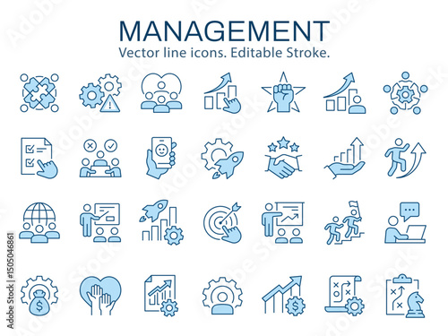 Management icons, such as planning, strategy, success, business and more. Vector illustration isolated on white. Editable stroke. Change to any size and any color.