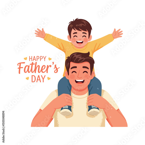 Happy Father’s Day Vector Art with Traditional Dressed Father Carrying Smiling Child on Shoulders