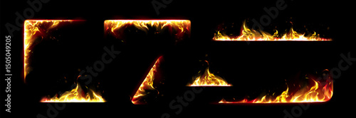 Fiery frames set - corner and line borders made of realistic flames. Burning fire effect, glowing red yellow blaze isolated on black background. Hot hellish inferno danger concept. Blazing banner.