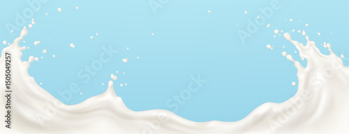 White milk splash wave - liquid swirl on light blue background. Creamy dairy product, yogurt or cream flow with drops and bubbles. Healthy drink smooth dessert ingredient in motion. 3d vector.