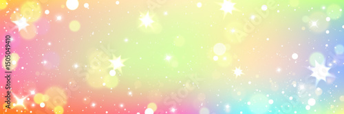 Pastel rainbow gradient background with white heart glitter, bokeh lights and sparkles. Dreamy magical shimmering fairy tale backdrop for fantasy designs, girly party invitations, unicorn themed decor