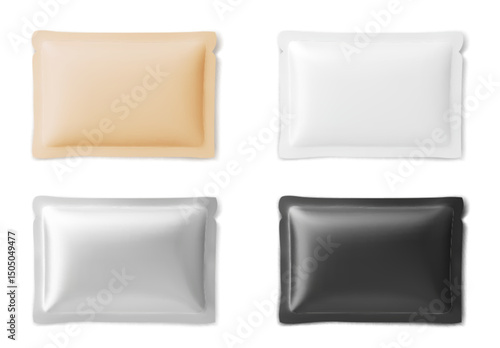 Set of blank foil bag packaging mockups in various colors - beige and white, silver and black. Container template for face mask. Empty sachet, plastic pouch for food, cosmetic or medicine products.