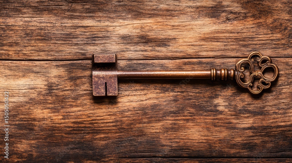 Antique key on rustic wooden table, a closeup of vintage security and mystery Antique key on rustic wooden table, a closeup of vintage security and mystery